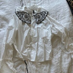 White Blouse with Black Floral Collar